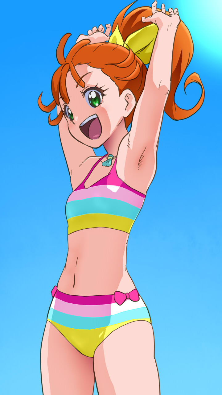 1girl armpits awa highres long_hair looking_at_viewer natsumi_manatsu navel open_mouth ponytail precure simple_background smile solo swimsuit tagme tropical-rouge!_precure