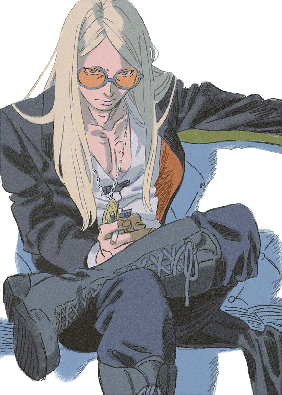 1boy amber389 black_boots black_jacket black_pants blonde_hair boots cigarette fate/grand_order fate_(series) gold_necklace highres holding holding_cigarette jacket jewelry long_hair looking_at_viewer male_focus medallion necklace open_clothes open_jacket orange-tinted_eyewear pants shirt simple_background sitting solo sunglasses tezcatlipoca_(fate) tinted_eyewear white_background white_shirt