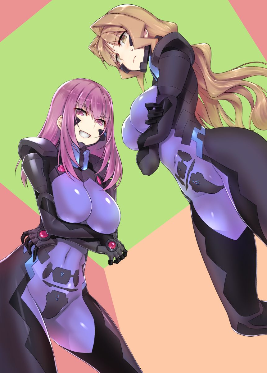 2girls annoyed braid breasts brown_eyes commission covered_erect_nipples covered_navel crossed_arms fortified_suit frown hair_behind_ear highres jinguuji_marimo kouzuki_yuuko large_breasts long_hair looking_down makishima_azusa mecha_pilot_suit medium_hair multiple_girls muv-luv muv-luv_alternative pilot_suit purple_eyes skeb_commission skin_tight smile sweatdrop