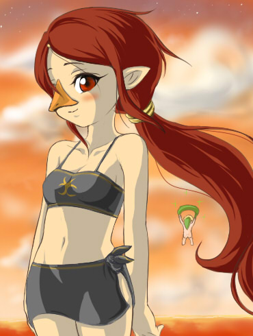 1girl beak bikini blush brown_hair link long_hair lowres medli midriff monster_girl navel nintendo nude photobomb pointy_ears ponytail red_eyes rito sarong smile suegorou_(mousou_tokkyuu) swimsuit the_legend_of_zelda the_legend_of_zelda:_the_wind_waker toon_link