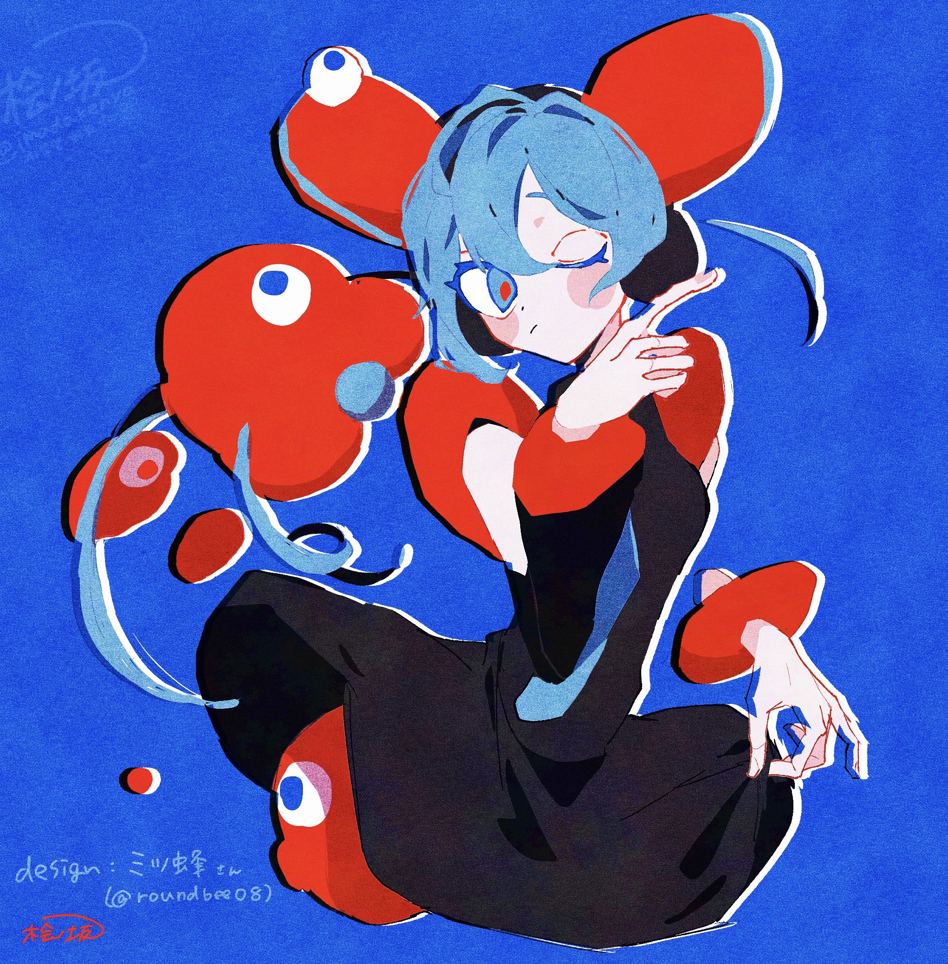 1girl :/ artist_name black_dress black_necktie black_sleeves blue_background blue_eyes blue_hair blue_necktie blue_theme blush_stickers borrowed_design color_contrast cropped_torso detached_hair detached_sleeves disembodied_hand dress english_text expo2025 expressionless fusion hatsune_miku headphones highres hinoki_(yesfish1117) long_hair looking_at_viewer myaku-myaku necktie one_eye_closed red_pupils severed_hand short_dress short_hair simple_background skirt_hold sleeveless sleeveless_dress solo twitter_username two-sided_fabric two-sided_sleeves upper_body very_short_hair vocaloid watermark