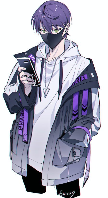 1boy 6tnut9 artist_name black_jacket black_mask cellphone collarbone commentary_request covered_mouth cowboy_shot cropped_legs drawstring green_eyes hair_between_eyes hand_in_pocket hand_up holding holding_phone hood hood_down hoodie jacket jacket_over_hoodie jewelry kenmochi_touya kenmochi_touya_(8th_costume) long_sleeves looking_down male_focus mask mouth_mask necklace nijisanji off_shoulder official_alternate_costume open_clothes open_jacket phone purple_hair purple_ribbon ribbon short_hair simple_background smartphone solo standing triangle_necklace virtual_youtuber white_background white_hoodie wide_sleeves