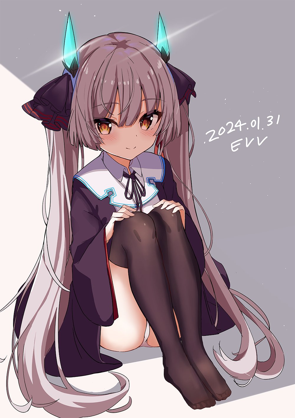 1girl black_robe blush ev_two heaven_burns_red highres horns knees_up long_hair long_sleeves neck_ribbon no_shoes ogasawara_hisame panties ponytail ribbon robe shirt sitting skirt solo toes twintails underwear very_long_hair white_hair white_panties white_shirt yellow_eyes