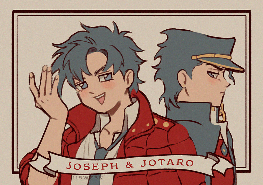 118ween 2boys arm_up baseball_cap battle_tendency character_name commentary english_commentary english_text from_side gakuran grandfather_and_grandson grey_eyes grey_hair grey_necktie hat jacket jojo_no_kimyou_na_bouken joseph_joestar joseph_joestar_(young) kuujou_joutarou looking_at_viewer multiple_boys necktie official_alternate_costume open_mouth popped_collar red_jacket school_uniform shirt stardust_crusaders teeth upper_body white_shirt wing_collar