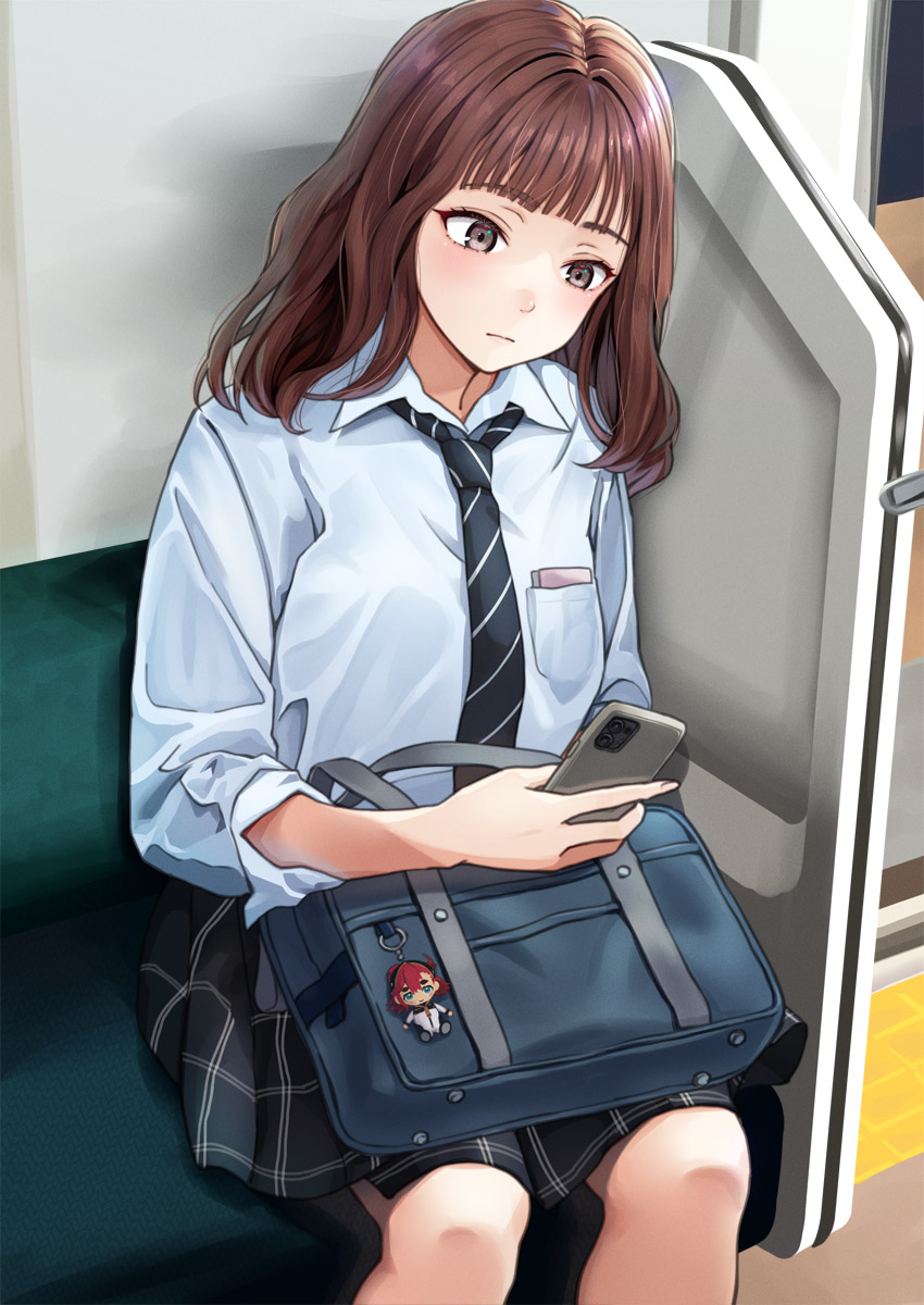 1girl bag black_necktie black_skirt blunt_bangs blush breast_pocket brown_eyes brown_hair cellphone closed_mouth collared_shirt commentary_request diagonal-striped_clothes diagonal-striped_necktie highres holding holding_phone kanden_sky long_hair necktie original phone plaid_clothes plaid_skirt pocket school_bag school_uniform shirt sitting skirt smartphone solo striped_clothes train_interior white_shirt