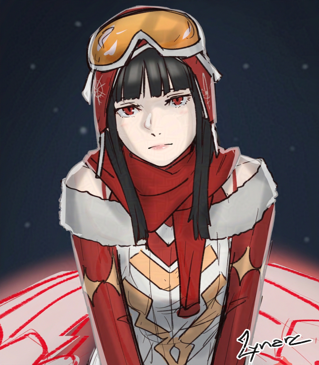 1girl bird_girl black_hair blunt_bangs christmas fire_emblem fire_emblem_heroes glowing glowing_wings highres hraesvelgr_(fire_emblem) long_hair lynarc nintendo red_aura red_eyes red_scarf scarf snow_goggles wings
