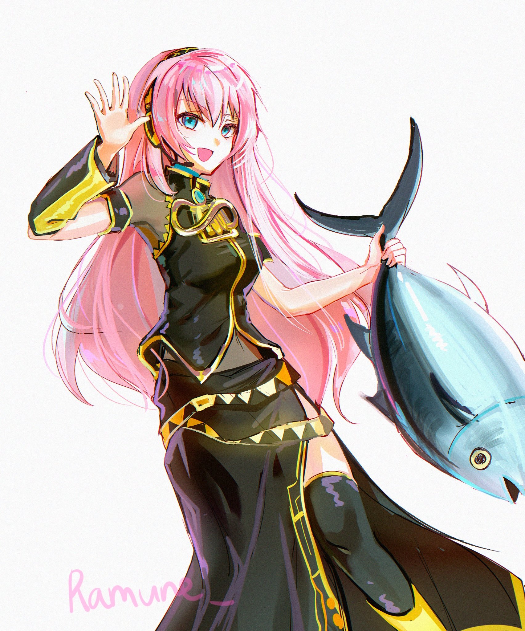 animal arm_up arm_warmers black_arm_warmers black_shirt black_skirt black_thighhighs blue_eyes breasts feet_out_of_frame fish hand_up highres holding holding_animal holding_fish long_hair long_skirt looking_at_viewer medium_breasts megurine_luka microphone open_mouth pink_hair ramune55ni shirt side_slit simple_background single_arm_warmer skirt thighhighs vocaloid white_background yellow_theme