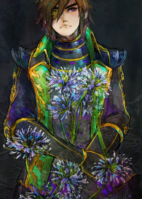 brown_eyes brown_hair date_masamune eyepatch flower male_focus sengoku_musou swept_bangs yukimoto