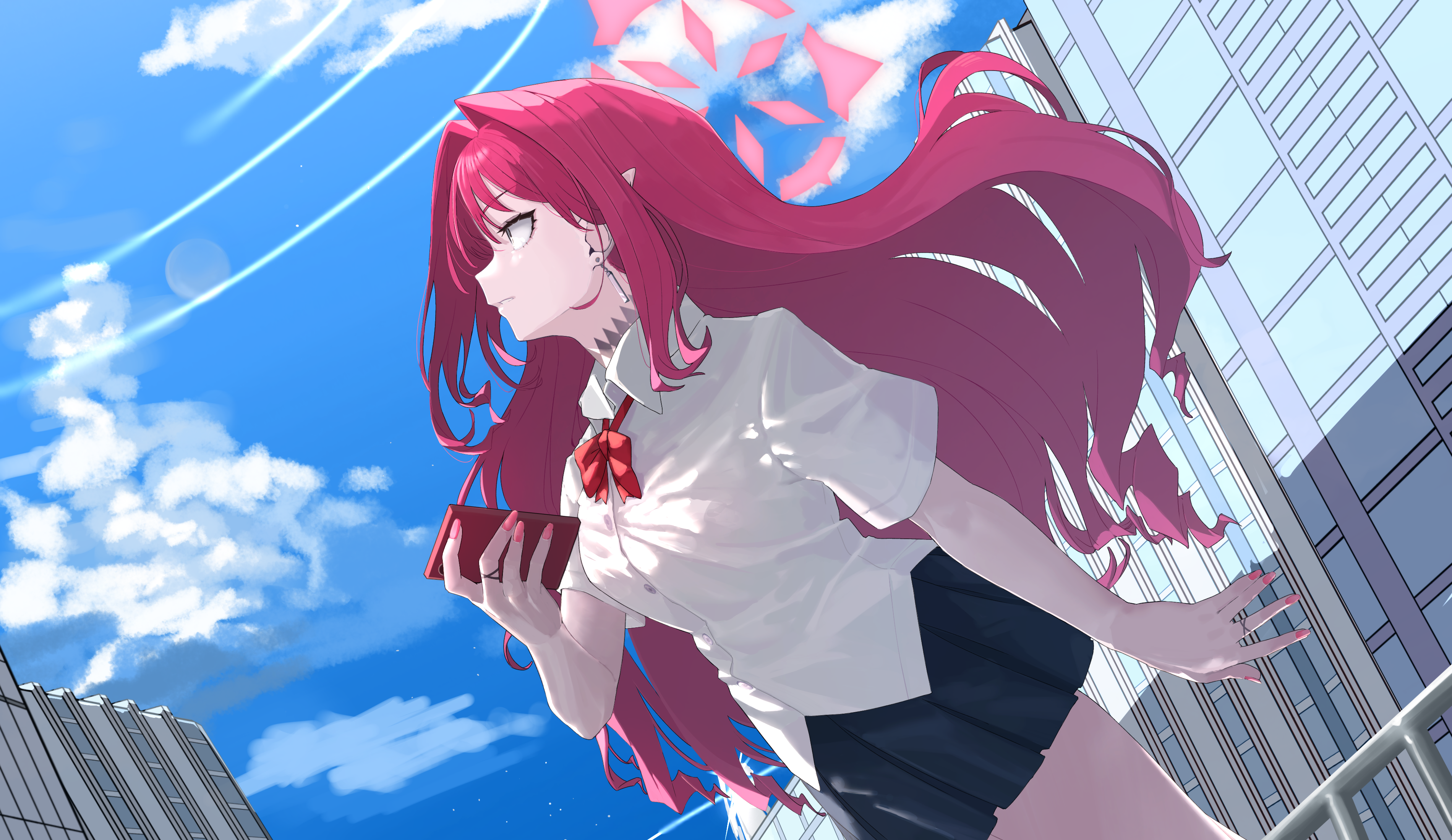 1girl absurdres baobhan_sith_(fate) black_skirt blue_archive blue_sky bow bowtie breasts cellphone choker cityscape collared_shirt earrings fate/grand_order fate_(series) grey_eyes halo highres jewelry large_breasts long_hair niwaikanai phone pink_hair pointy_ears shirt short_sleeves sidelocks skirt sky solo textless_version thighs tiara white_shirt
