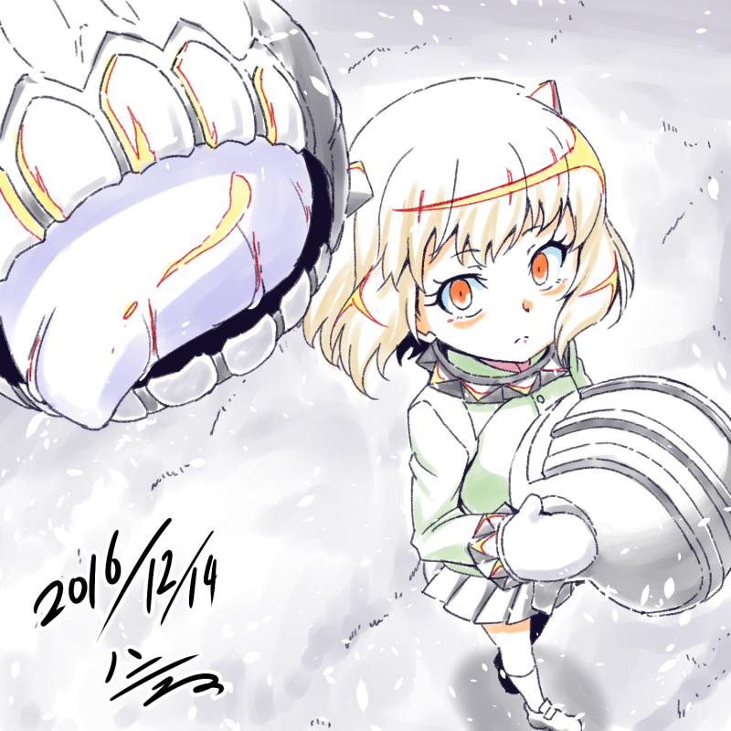10s 1girl 2016 abyssal_ship alternate_costume alternate_hair_length alternate_hairstyle colored_skin cosplay dated enemy_aircraft_(kancolle) from_above frown girls_und_panzer h-new horns kanemoto_hisako kantai_collection katyusha_(cosplay) katyusha_(girls_und_panzer) looking_at_viewer looking_up mittens northern_ocean_princess orange_eyes pleated_skirt voice_actor_connection shoes short_hair signature sketch skirt snow snowing walking white_hair white_skin wind winter_clothes