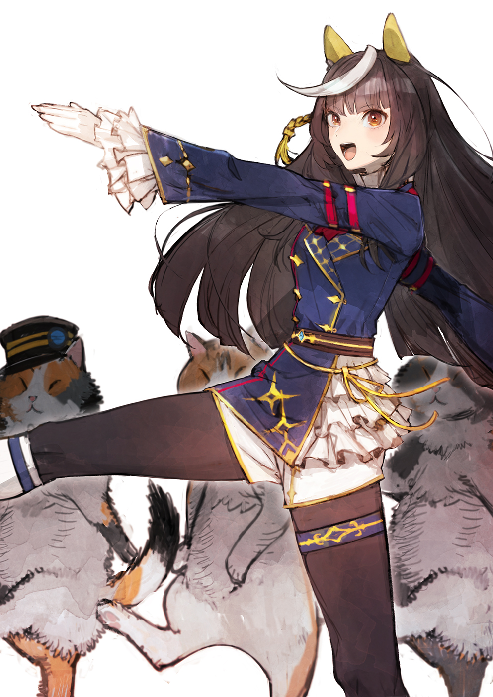 1girl :d ahoge animal_ears ascot black_hair black_pantyhose blue_jacket blunt_bangs buttons calstone_light_o_(umamusume) cat double-breasted ear_covers gloves highres hime_cut horse_ears horse_girl jacket long_hair long_sleeves looking_at_viewer open_mouth pantyhose red_ascot shorts simple_background smile striped_hair toi8 umamusume white_background white_gloves white_hair white_shorts yellow_eyes