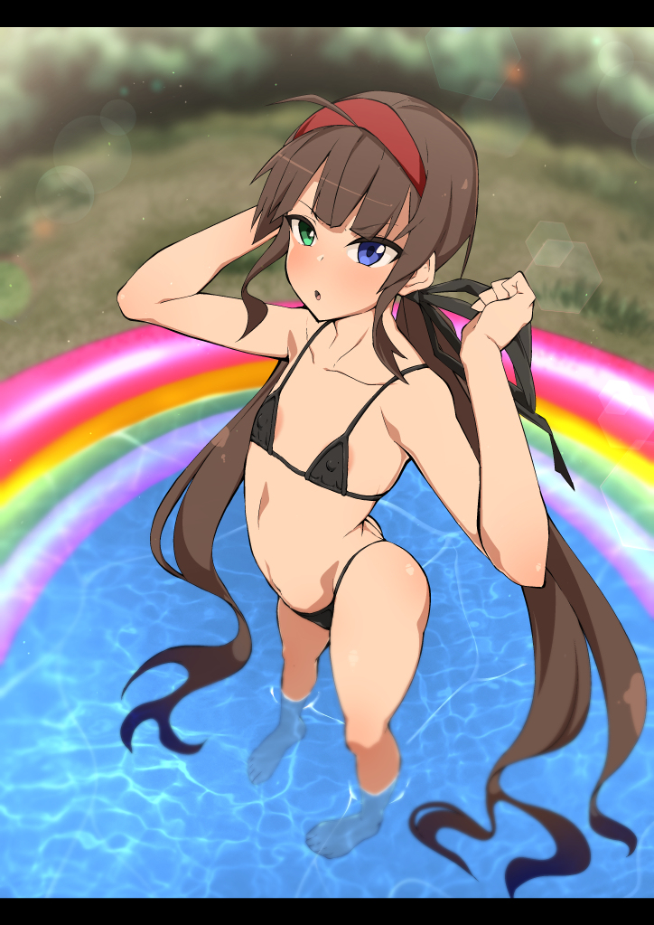 1girl ahoge alternate_breast_size areola_slip arms_up bikini black_bikini blush breast_expansion brown_hair covered_erect_nipples day flat_chest grass hair_ribbon heterochromia lens_flare looking_at_viewer nanashi_maru open_mouth outdoors pool ribbon ryoubi_(senran_kagura) senran_kagura shiny_skin solo standing swimsuit twintails wading water