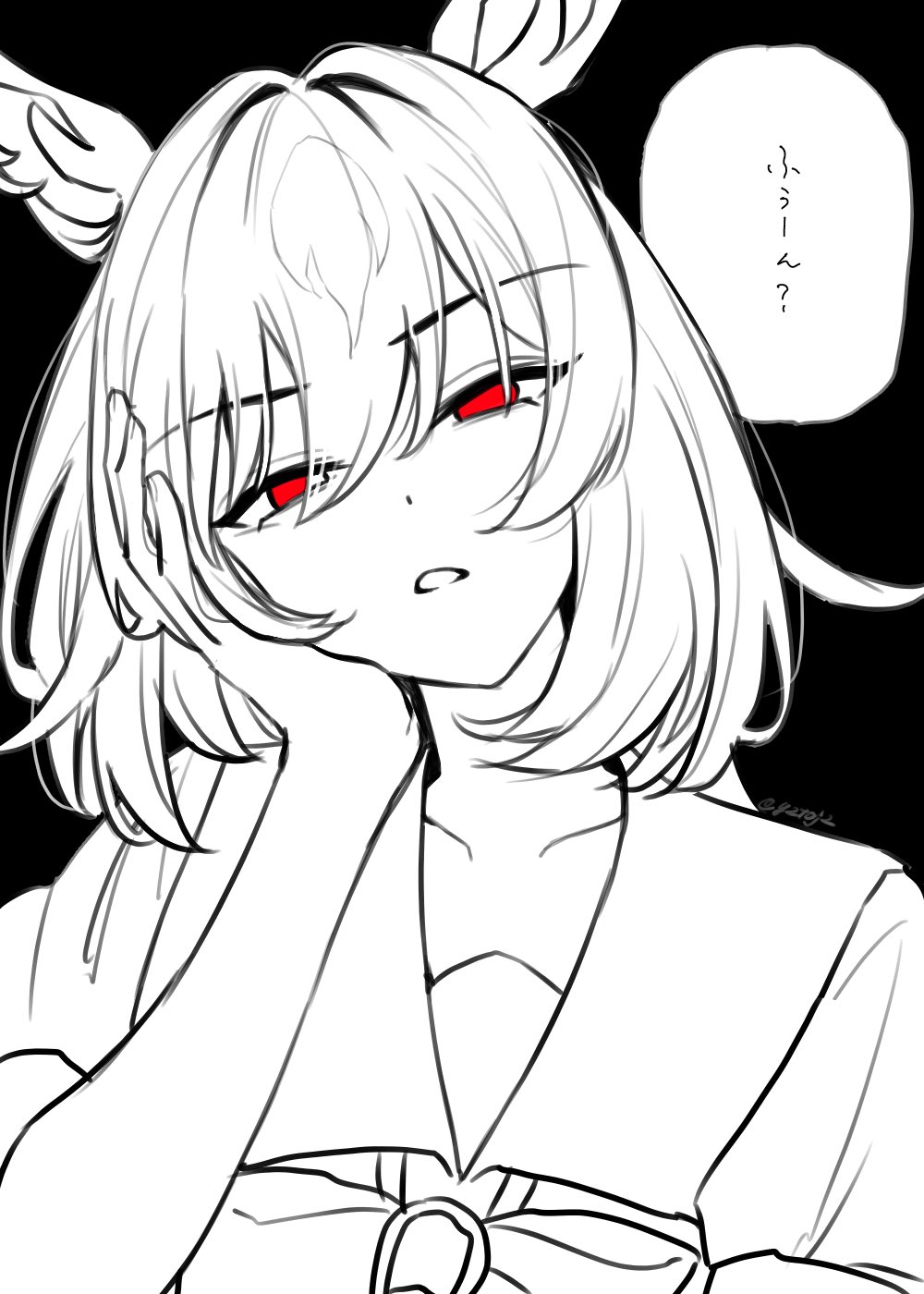 1girl animal_ears bow bowtie glaring greyscale head_rest head_tilt high_contrast highres horse_ears long_hair looking_at_viewer monochrome open_mouth red_eyes sailor_collar shirt sirius_symboli_(umamusume) solo speech_bubble spot_color toji_(y2toj2) translation_request twitter_username umamusume upper_body