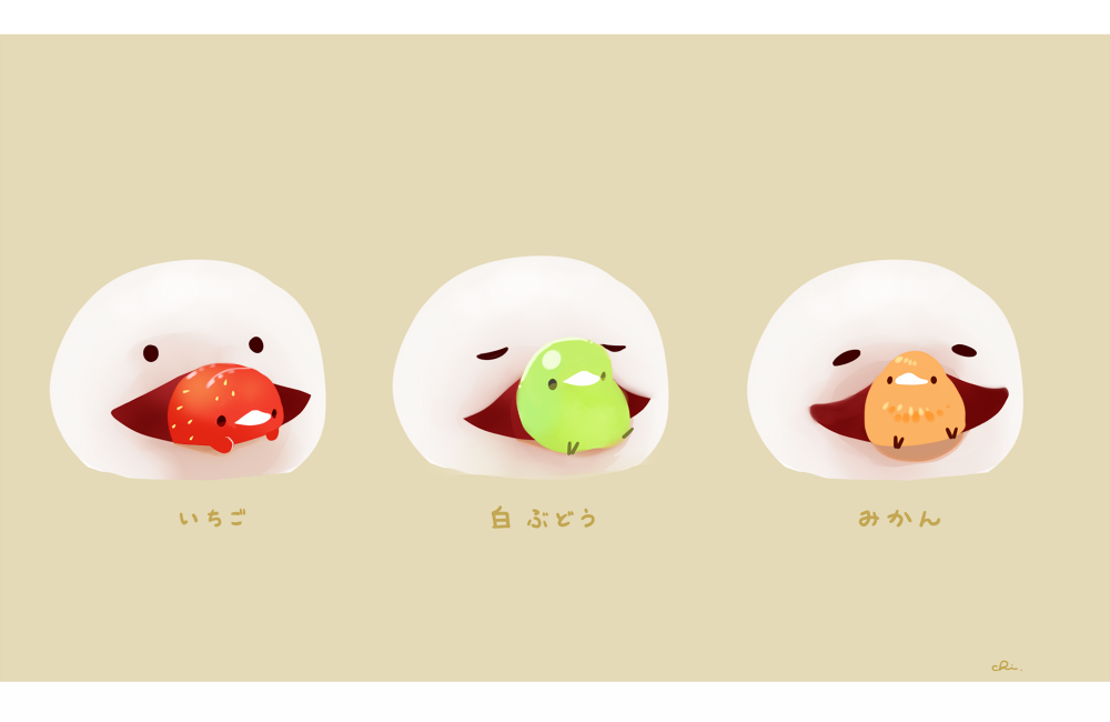 bird chai_(drawingchisanne) commentary_request daifuku food food-themed_creature fruit ichigo_daifuku in_mouth kiwi_(fruit) no_humans open_mouth original signature simple_background strawberry translation_request undersized_animal wagashi