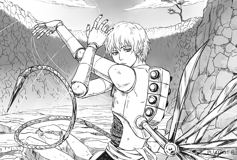 1boy commentary_request doll_joints from_side frown greyscale joints male_focus marionette monochrome naruto_(series) naruto_shippuuden puppet puppet_strings rope russian_commentary sasori_(naruto) signature solo tree vasiliy-plumber weapon