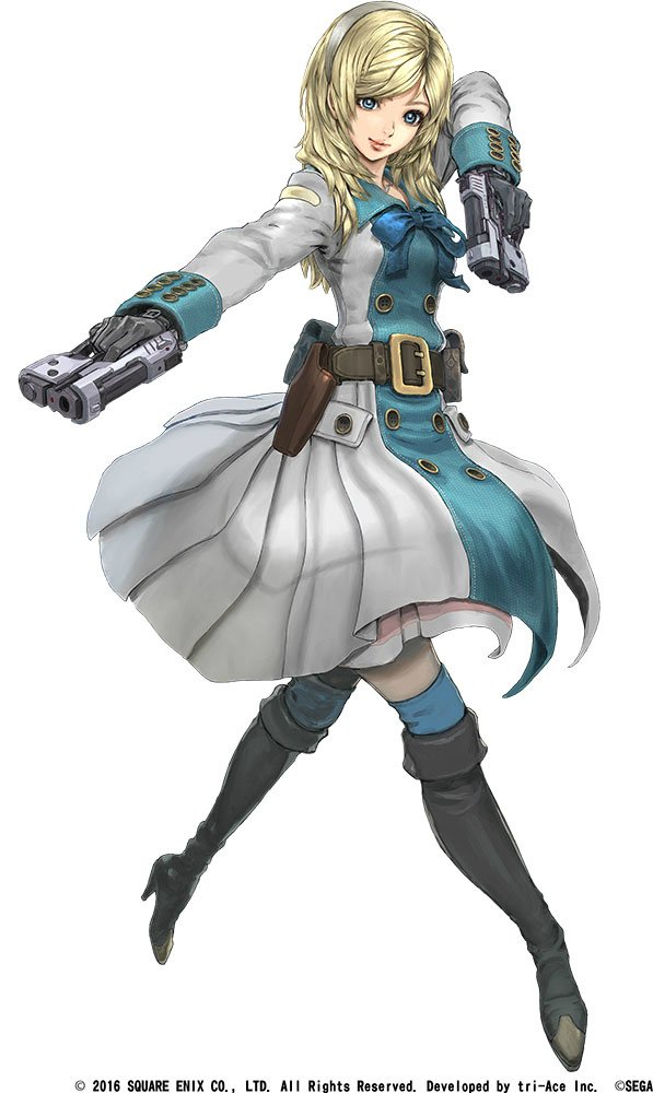 1girl artist_request black_gloves blonde_hair blue_eyes boots bow bowtie company_connection copyright_name dress dual_wielding end_of_eternity female_focus full_body gloves gun hairband handgun high_heel_boots high_heels holding holding_weapon holster knee_boots long_hair looking_at_viewer official_art pistol reanbell simple_background smile solo weapon white_background