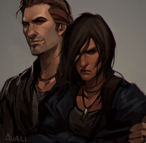 1boy 1girl black_hair brown_hair fanart_digital harry_flynn long_hair looking_at_viewer naughty_dog source_request uncharted
