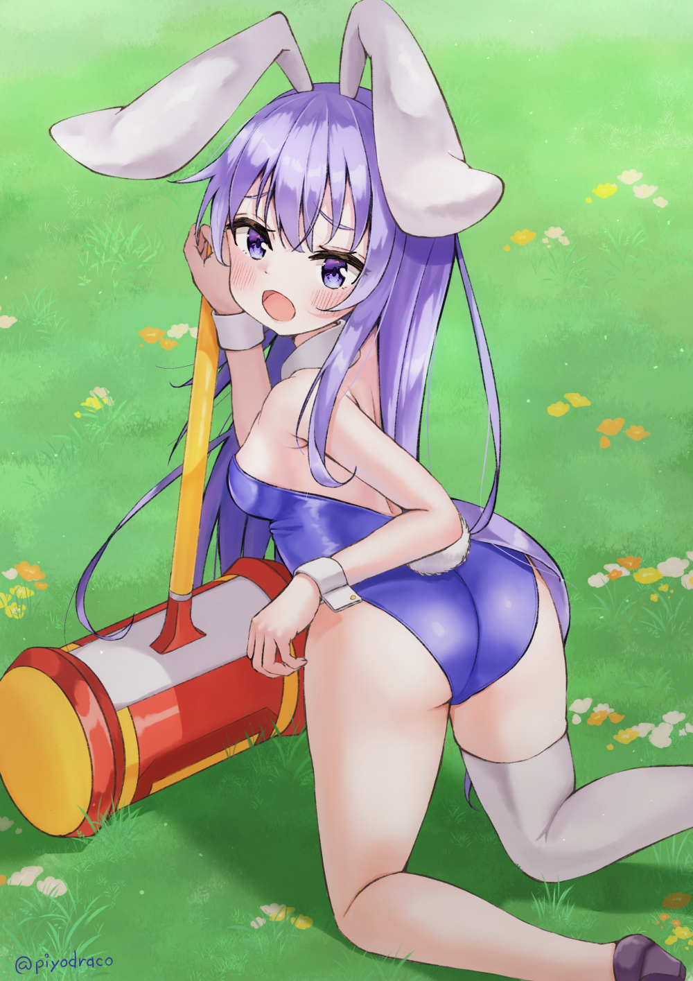 1girl animal_ears ass bare_shoulders breasts detached_collar erina_(rabi-ribi) from_behind grass highres kneeling kneepits leotard long_hair looking_at_viewer looking_back open_mouth outdoors piyodraco purple_eyes purple_hair purple_leotard rabbit_ears rabbit_girl rabbit_tail rabi-ribi shoes sideboob single_thighhigh smile solo strapless strapless_leotard tail thighhighs thighs toy_hammer wrist_cuffs