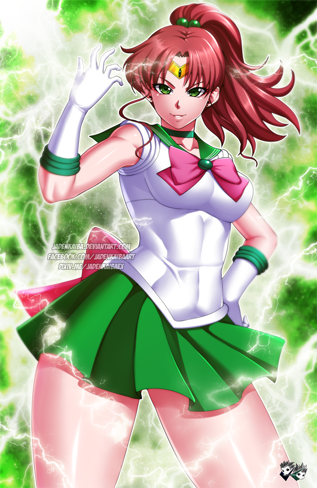 1girl bishoujo_senshi_sailor_moon brown_hair green_eyes jadenkaiba kino_makoto lightning ponytail sailor_jupiter solo tiara
