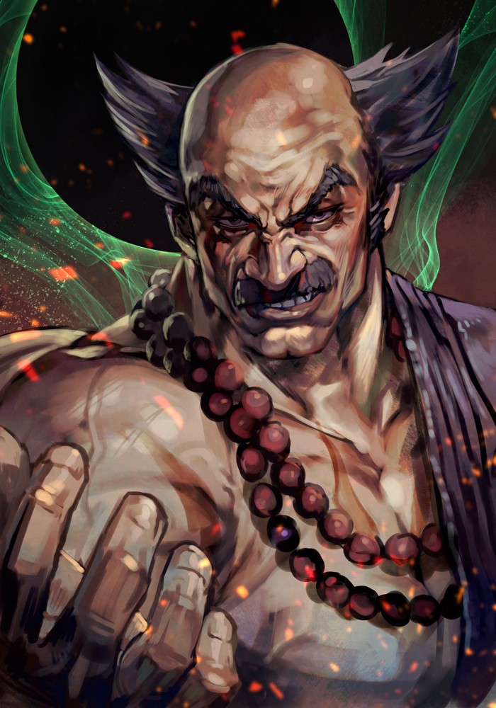 1boy balding balding bead_necklace beads dougi facial_hair grey_facial_hair hungry_clicker jewelry looking_at_viewer male_focus mishima_heihachi muscular muscular_male mustache necklace old old_man scar scar_on_chest solo teeth tekken tekken_8