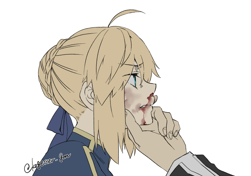 1boy 1girl ahoge artoria_pendragon_(fate) blonde_hair blood bruise bruise_on_face bun_with_braided_base clenched_teeth commentary_request fate/stay_night fate_(series) gilgamesh_(fate) gilgamesh_(immoral_biker_jacket)_(fate) green_eyes hair_bun hand_on_another&#039;s_chin injury moonlight_0423 nosebleed saber_(fate) single_hair_bun teeth twitter_username