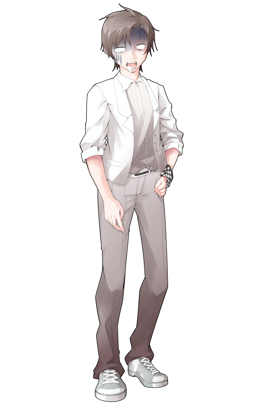 1boy arm_at_side blank_eyes blazer brown_hair cevio checkered_bracelet collared_shirt commentary_request converse dairi drooling full_body furrowed_brow grey_pants grey_shoes hand_on_own_hip highres jacket large_variant_set looking_at_viewer male_focus open_mouth pants shaded_face shirt shoes short_hair sleeves_rolled_up sneakers solo standing tachi-e takahashi_amato transparent_background variant_set white_jacket white_shirt wing_collar