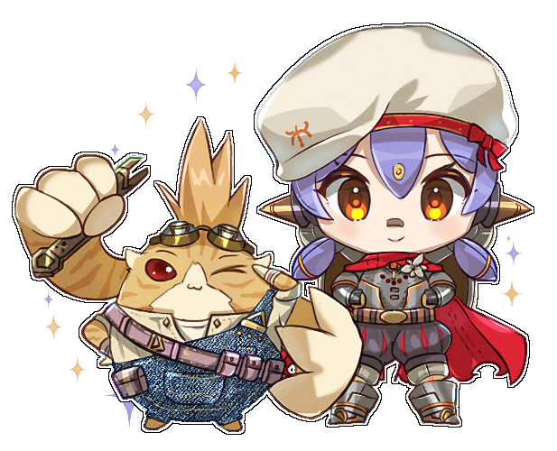 1boy 1girl android bow cape chibi flower goggles goggles_on_head hat nopon orange_eyes overalls poppi_(xenoblade) poppi_alpha_(xenoblade) purple_hair red_bow red_cape red_eyes short_hair tora_(xenoblade_2) twintails xenoblade_chronicles_(series) xenoblade_chronicles_2 zer00han