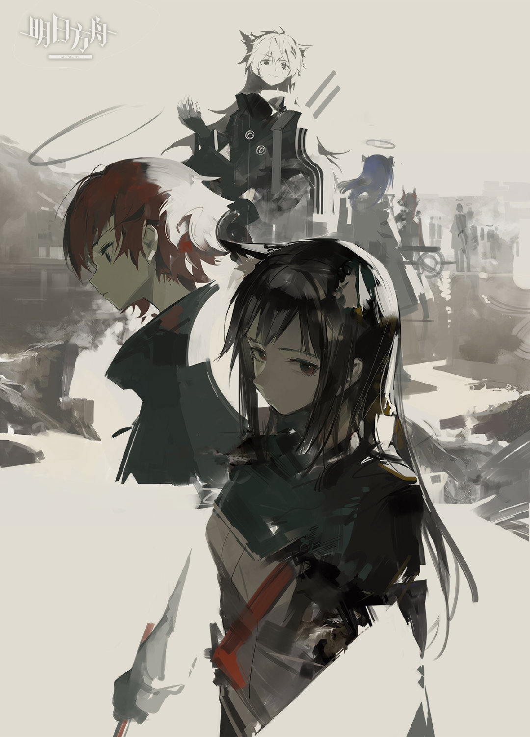 animal_ears arknights black_hair blue_hair coat exusiai_(arknights) fiammetta_(arknights) hair_ornament halo highres horns huanxiang_heitu lappland_(arknights) mostima_(arknights) multiple_girls red_hair short_hair texas_(arknights) weapon white_hair