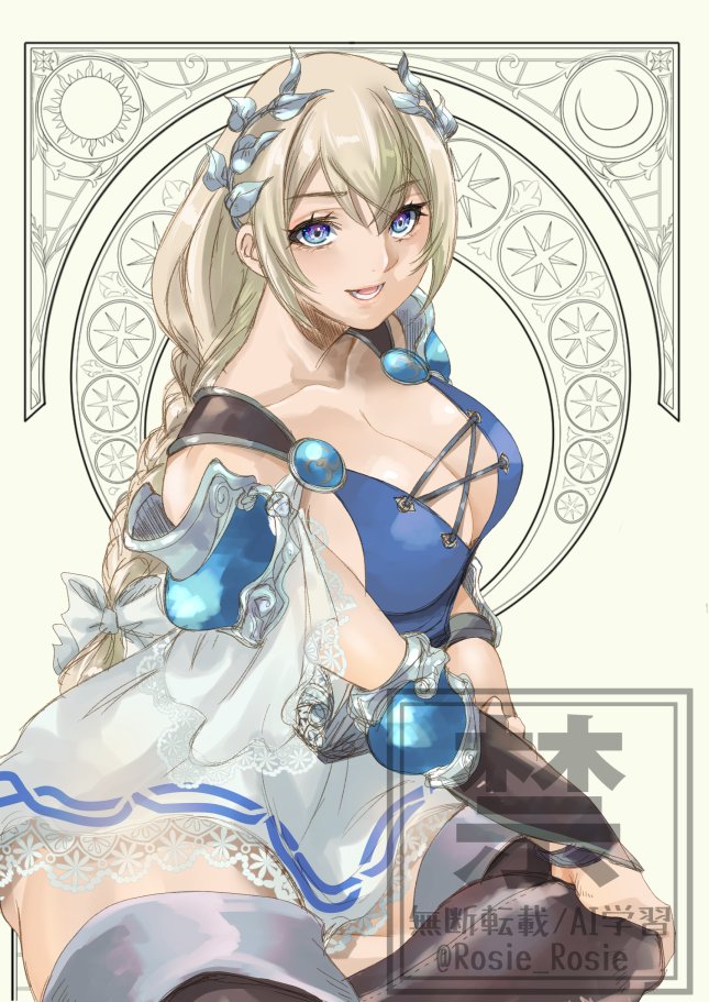 1girl armor blonde_hair blue_eyes braid breasts cleavage dress elbow_pads large_breasts laurel_crown long_hair rosie_rosie shoulder_armor single_braid solo sophitia_alexandra soul_calibur