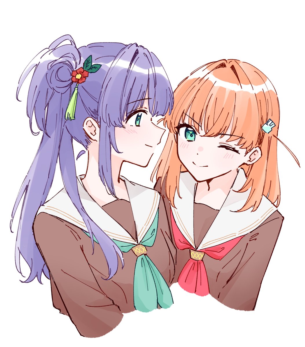 2girls ;) aqua_neckerchief blush breasts brown_dress cerise_bouquet closed_mouth cropped_torso dress flower green_eyes hair_bun hair_intakes hair_ornament hasu_no_sora_school_uniform hinoshita_kaho link!_like!_love_live! long_hair long_sleeves looking_at_another love_live! medium_breasts multiple_girls neckerchief one_eye_closed orange_hair otomune_kozue purple_hair rabbit_hair_ornament red_flower red_neckerchief sailor_collar sailor_dress school_uniform side_ponytail sidelocks simple_background single_side_bun smile split_mouth tassel tassel_hair_ornament two_side_up v-shaped_eyebrows virtual_youtuber white_background white_sailor_collar winter_uniform zangemiya