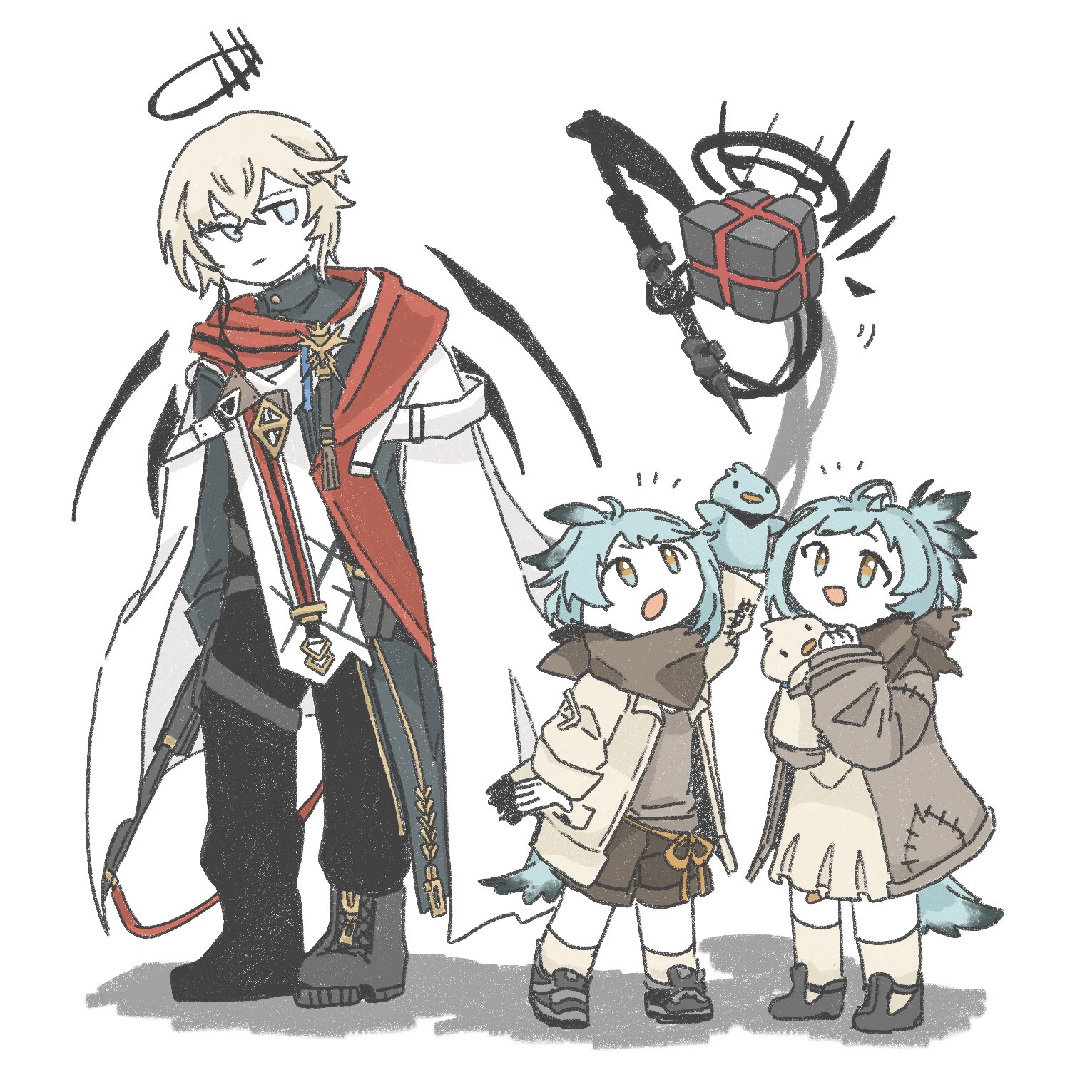 1girl 2boys arknights black_pants blue_eyes blue_hair boots brown_dress brown_eyes brown_hair brown_jacket brown_shoes brown_shorts brown_socks cloak closed_mouth commentary_request cube dress erendel_(arknights) estara_(arknights) executor_(arknights) executor_the_ex_foedere_(arknights) grey_boots grey_jacket halo hand_puppet highres jacket jitome multiple_boys notice_lines pants puppet shadow shoes shorts simesabakure04 simple_background socks standing tail white_background white_cloak