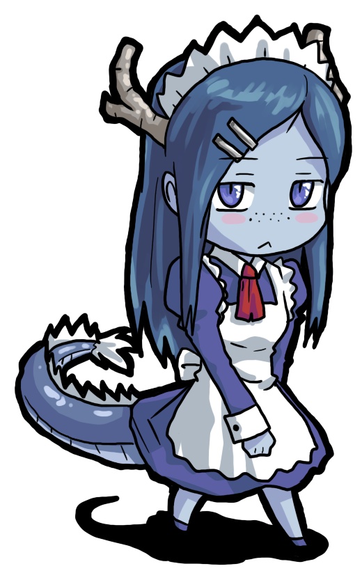 1girl :&lt; apron blue_eyes blue_hair blue_skin blush blush_stickers chibi colored_skin dragon_girl dragon_horns dragon_tail dress female_focus four_holy_beasts freckles full_body futaba_channel horns long_hair looking_at_viewer maid maid_apron matching_hair/eyes monster_girl nijiura_maids oso_(toolate) puffy_sleeves purple_eyes ribbon seiryuu_(nijiura_maids) simple_background slit_pupils solo tail walking white_background