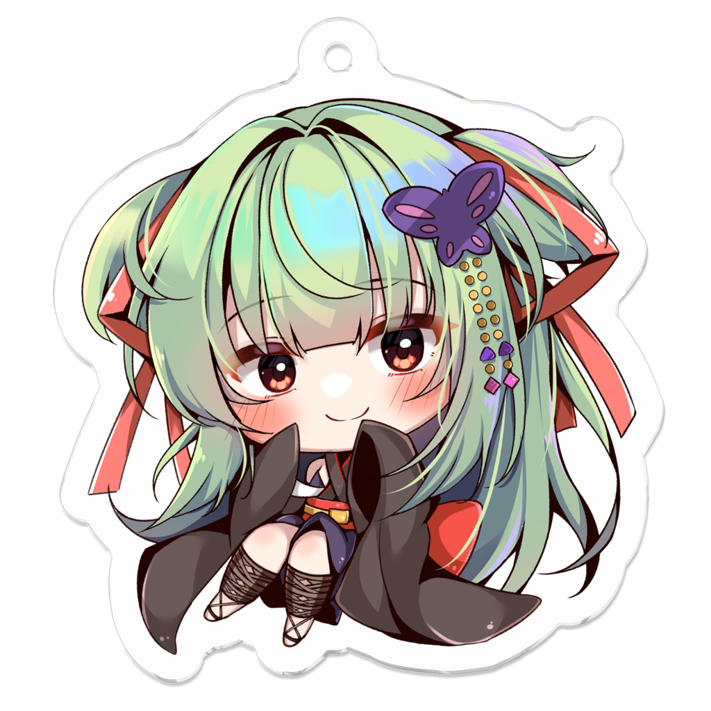 1girl black_kimono blunt_bangs blunt_ends blush butterfly_hair_ornament c: chibi closed_mouth colored_eyelashes commentary_request criss-cross_halter full_body green_hair hair_intakes hair_ornament hair_ribbon halterneck hands_up happy hime_cut japanese_clothes kimono knees_up long_hair looking_at_viewer murasame_(senren) red_eyes red_ribbon ribbon sandals senren_banka sidelocks simple_background single_bare_shoulder sitting sleeves_past_fingers sleeves_past_wrists smile solo split_mouth transparent_background two_side_up very_long_hair wide_sleeves yosh1na