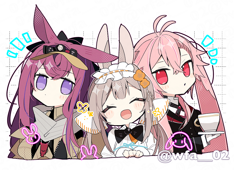 1boy 2girls ahoge animal_ears ansel_(arknights) ansel_(nighttime_cafe)_(arknights) arknights black_jacket brown_jacket chibi child commentary_request cropped_torso cup dress emphasis_lines frilled_hairband frills grid_background hairband holding holding_tray itsuki_02 jacket light_brown_hair lop_rabbit_ears multiple_girls official_alternate_costume pink_hair purple_eyes purple_hair rabbit rabbit_boy rabbit_ears rabbit_girl ray_(arknights) red_eyes scarf simple_background teacup tray twitter_username warmy_(arknights) white_background white_dress white_hairband