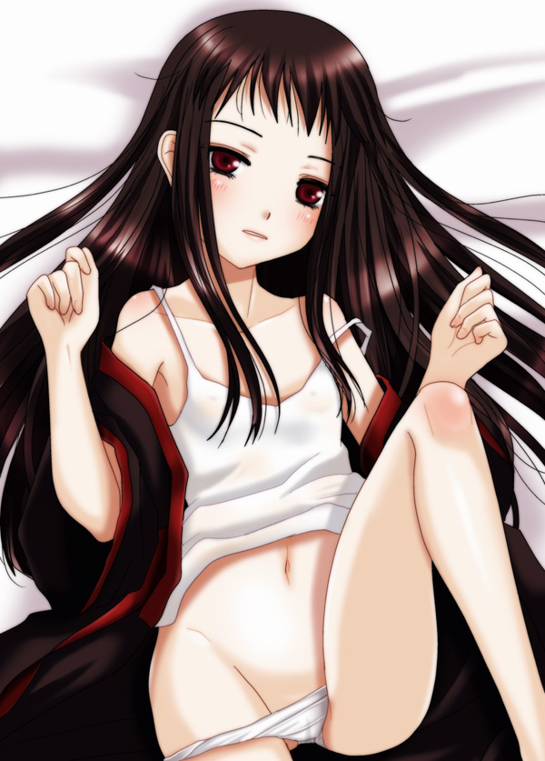 1girl ar_tonelico ar_tonelico_ii black_hair blush camisole flat_chest groin gust inumori_sayaka jakuri_(ar_tonelico) long_hair lying navel off_shoulder panties panty_pull red_eyes strap_slip underwear