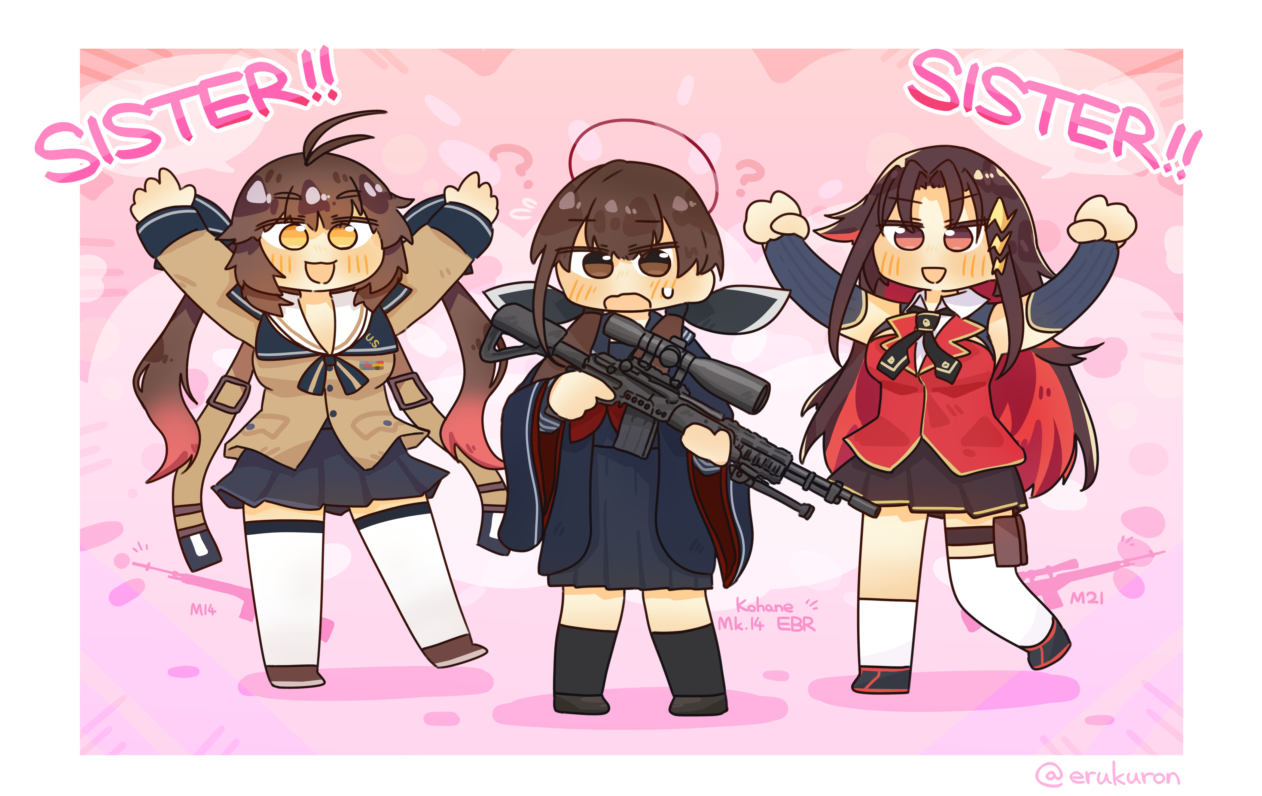 3girls ? absurdres ahoge antenna_hair arms_up asymmetrical_legwear battle_rifle black_necktie black_shoes black_socks blue_shirt blue_skirt border breasts brown_eyes brown_hair brown_jacket brown_skirt character_name commission commissioner_upload crossover english_text girls'_frontline gun hair_ornament hairclip hairstyle_connection highres holding holding_weapon jacket lcron long_skirt m14 m14_(girls'_frontline) m21 m21_(girls'_frontline) medium_breasts mk_14_ebr multiple_girls necktie ohitome_kohane open_mouth pixiv_commission pouch project_kv red_hair red_jacket rifle scope shirt shoes skirt sleeveless sleeveless_jacket sleeveless_shirt smile socks sweatdrop thigh_pouch thighhighs trigger_discipline twintails twitter_username weapon white_border white_thighhighs yellow_eyes