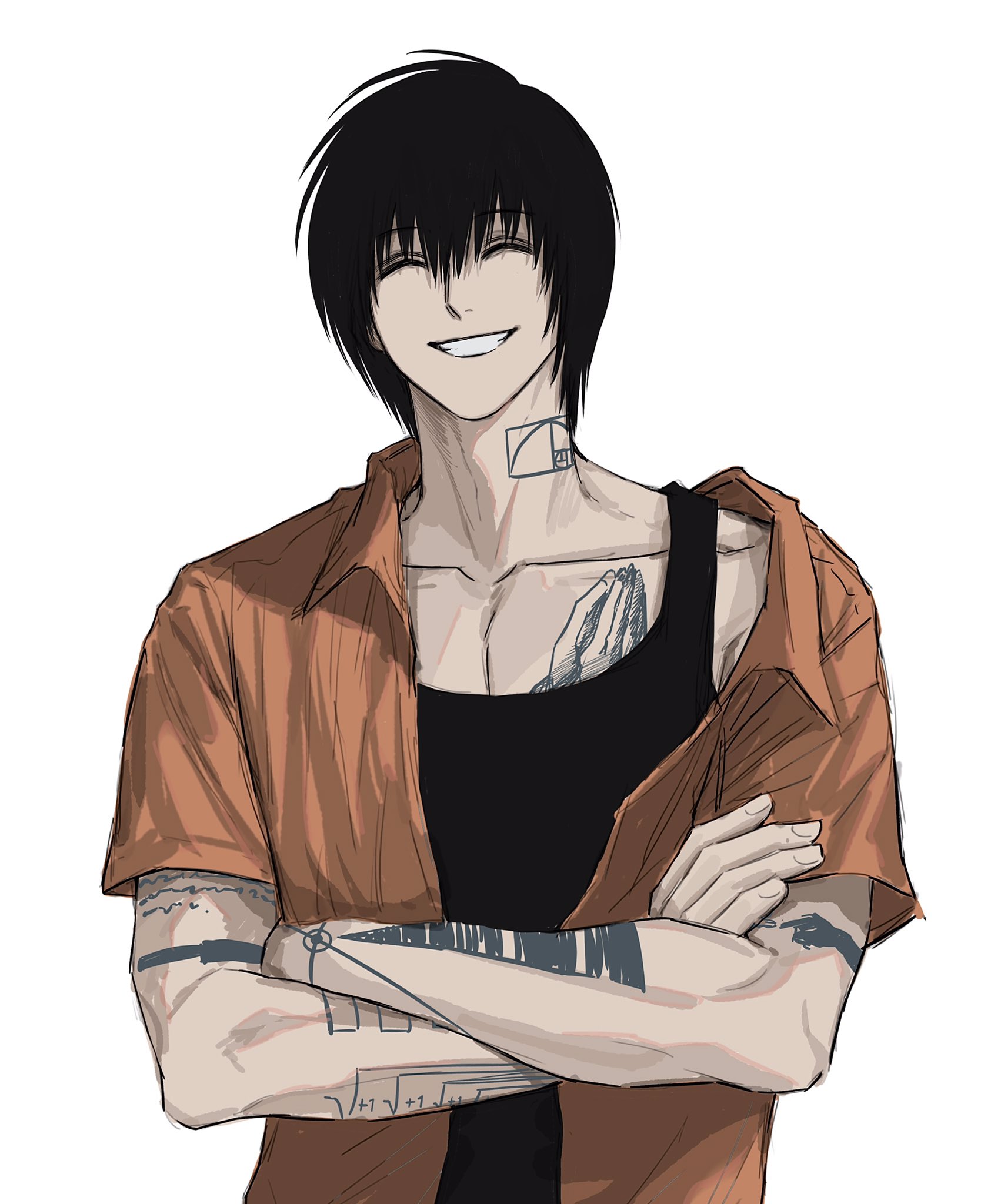 1boy arm_tattoo black_hair black_tank_top chest_tattoo closed_eyes collarbone crossed_arms fingernails grin highres male_focus neck_tattoo orange_shirt pectoral_cleavage pectorals sakamoto_days shirt short_hair short_sleeves simple_background smile sso_s tank_top tattoo teeth toned toned_male upper_body white_background