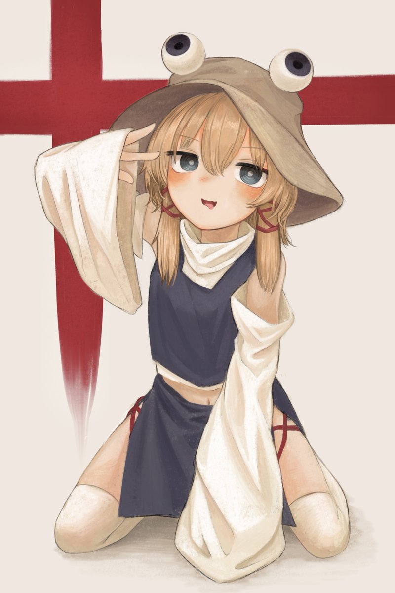 1girl blonde_hair blue_eyes blue_shirt blue_sky brown_headwear detached_sleeves googly_eyes highres kneeling midriff_peek moriya_suwako neritch shirt sky sleeveless sleeveless_shirt sleeves_past_fingers sleeves_past_wrists solo touhou white_background white_sleeves