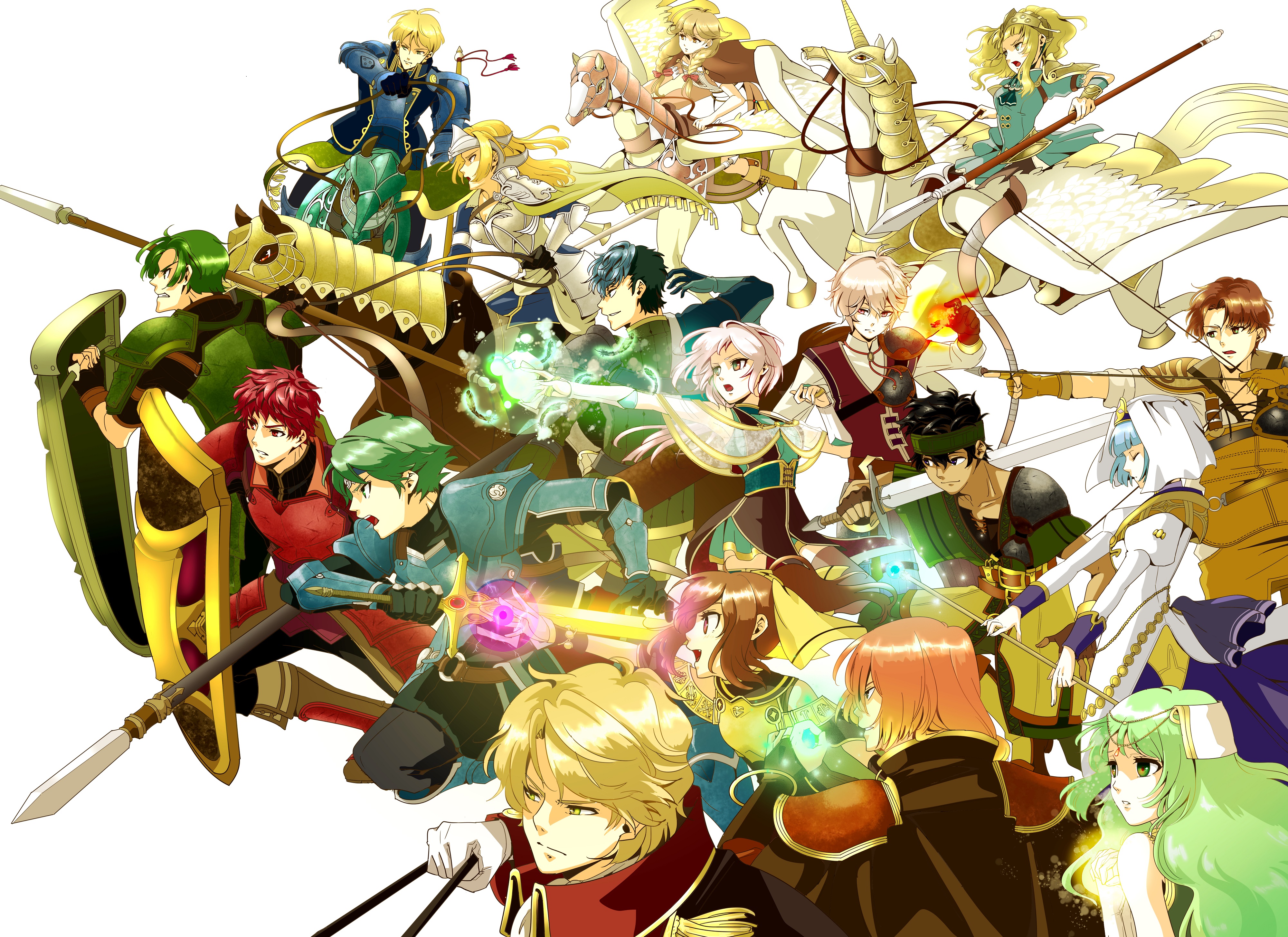 6+boys 6+girls absurdres alm_(fire_emblem) armor arrow_(projectile) bad_id bad_pixiv_id bare_shoulders blonde_hair blue_hair bow bow_(weapon) bracelet braid breastplate brown_eyes brown_hair camus_(fire_emblem) cape clair_(fire_emblem) clive_(fire_emblem) closed_eyes delthea_(fire_emblem) dress faye_(fire_emblem) fighting_stance fire_emblem fire_emblem_echoes:_shadows_of_valentia forsyth_(fire_emblem) gloves gray_(fire_emblem) green_eyes green_hair gumigumi_(23068069) helmet highres holding holding_sword holding_weapon horse horseback_riding jewelry kliff_(fire_emblem) long_hair lukas_(fire_emblem) luthier_(fire_emblem) mathilda_(fire_emblem) multiple_boys multiple_girls nintendo open_mouth original pegasus pegasus_knight_uniform_(fire_emblem) polearm ponytail python_(fire_emblem) riding shield silque_(fire_emblem) simple_background smile sword tatiana_(fire_emblem) tobin_(fire_emblem) twin_braids weapon white_background