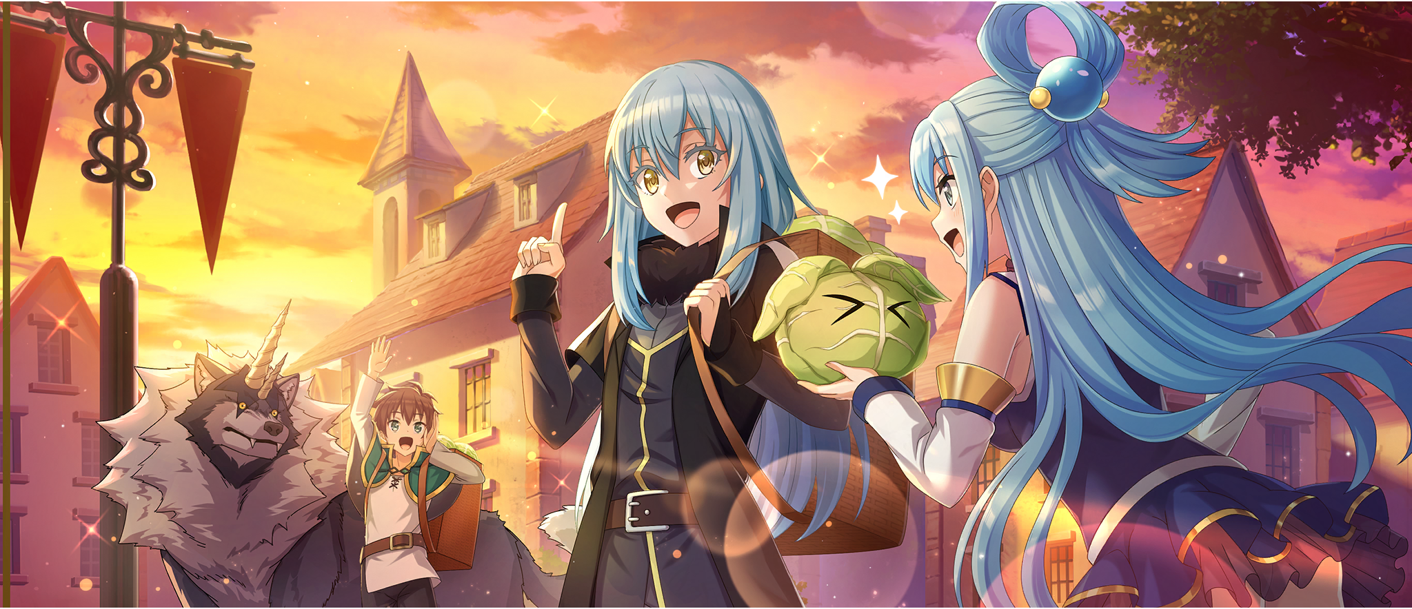 1boy 1girl 1other animal aqua_(konosuba) arm_up armpit_crease ass backpack_basket basket belt black_coat black_pants black_shirt blue_eyes blue_hair blue_shirt blue_skirt breasts brown_belt brown_hair building cabbage cabbage_(konosuba) cape coat collar creature crossover detached_sleeves eye_contact fangs game_cg green_cape green_eyes hair_between_eyes hair_rings hand_on_own_hip hand_up high_collar highres holding holding_creature horns index_finger_raised kono_subarashii_sekai_ni_shukufuku_wo! konosuba!_fantastic_days large_breasts leaning_forward long_hair long_sidelocks long_sleeves looking_at_another miniskirt official_art open_mouth outdoors oversized_animal pants ranga_(tensura) rimuru_tempest road satou_kazuma shade shirt short-sleeved_coat short_hair short_sleeves sidelocks single_hair_ring skirt sleeveless sleeveless_shirt standing street sunset talking tensei_shitara_slime_datta_ken waving white_collar white_horns white_shirt white_sleeves wolf yellow_eyes