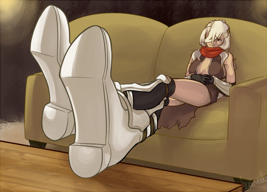 1girl armored_boots assassin_cross_(ragnarok_online) black_gloves black_thighhighs boots breasts brown_leotard chasewalk closed_mouth couch footwear_focus foreshortening full_body gloves grey_hair hair_over_one_eye leotard long_hair looking_at_viewer medium_breasts ragnarok_online red_scarf revealing_clothes scarf sitting solo table thighhighs vambraces