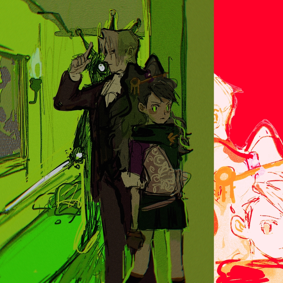 1boy 1girl ace_attorney black_hair blue_badger formal_clothes green_eyes height_difference kay_faraday long_hair miles_edgeworth mimulishizi skirt suit