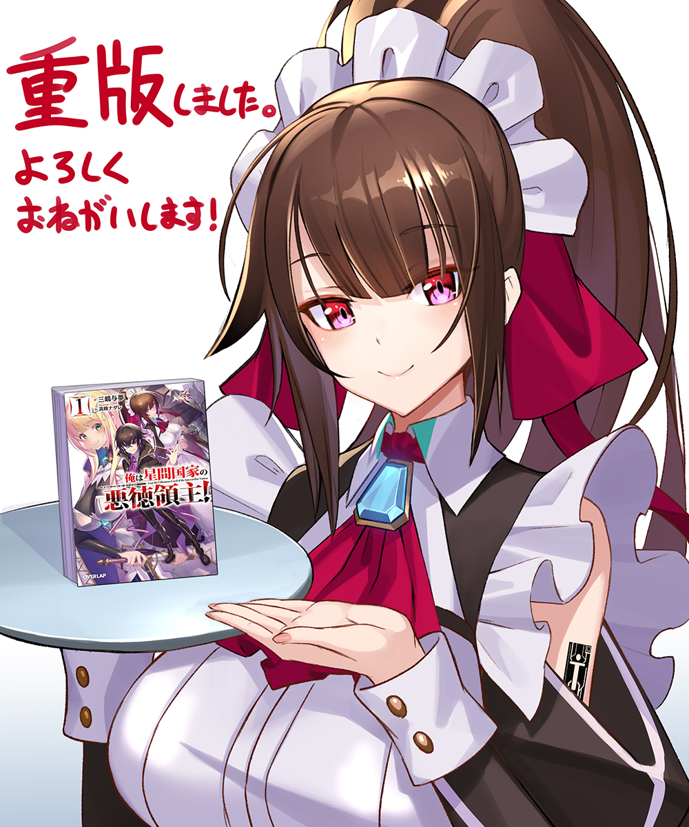 1girl ad amagi_(oreaku) book breasts brown_hair cover cover_page frills high_ponytail highres holding holding_tray large_breasts long_hair looking_at_viewer maid maid_headdress novel_cover novel_illustration official_art ore_wa_seikan_kokka_no_akutoku_ryoushu! pink_eyes ponytail smile solo takamine_nadare tattoo tray upper_body very_long_hair