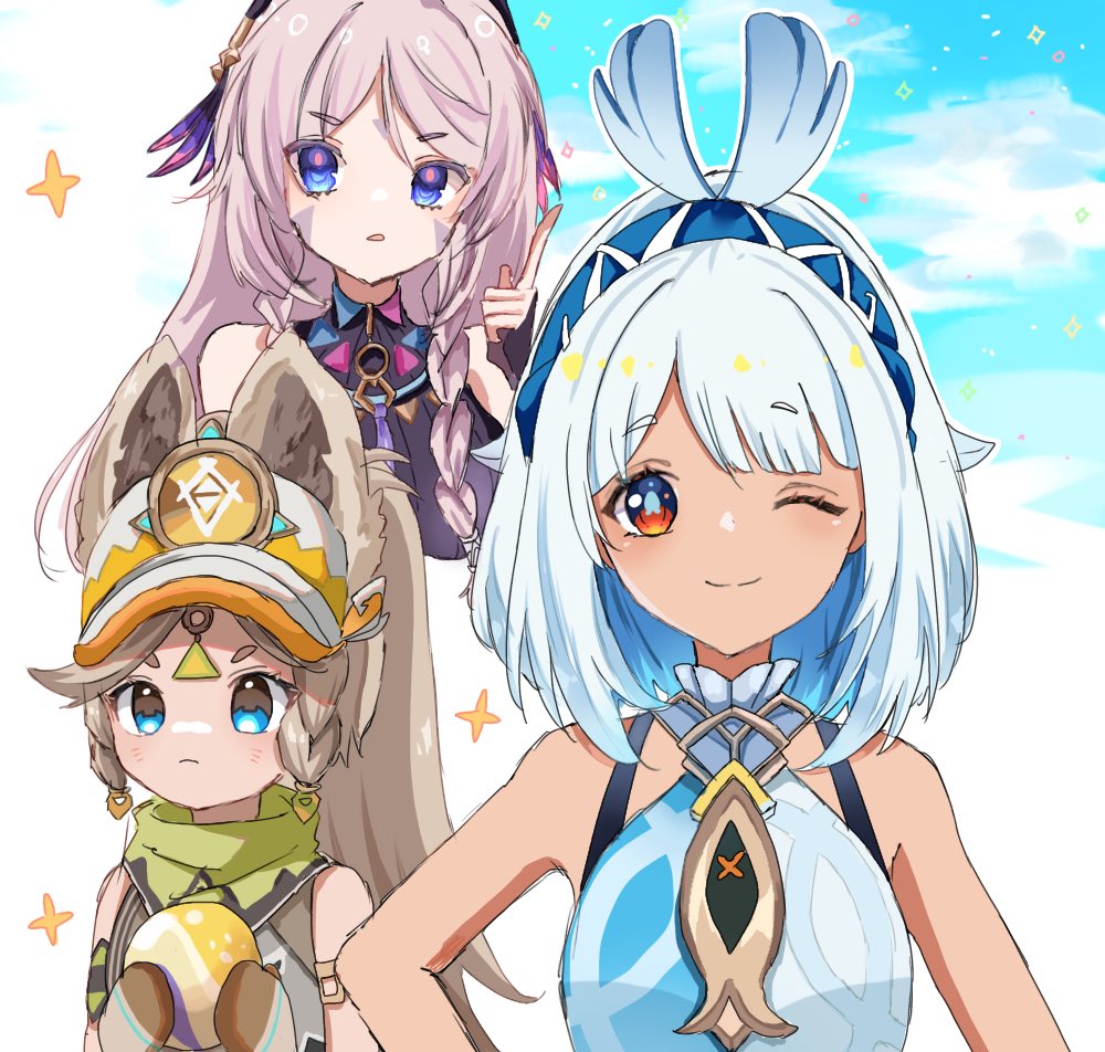 3girls animal_ears antenna_hair ball bare_arms bare_shoulders black_bridal_gauntlets black_shirt blonde_hair blue_eyes blue_hair blue_hairband blue_pupils blue_shirt blue_sky bra_strap braid bridal_gauntlets bright_pupils cabbit citlali_(genshin_impact) closed_mouth cloud colored_eyelashes colored_inner_hair commentary_request cropped_torso dark-skinned_female dark_skin ears_through_headwear eyelashes facial_mark forehead_mark frown genshin_impact gold_armlet gradient_hair green_scarf grey_shirt hair_between_eyes hair_ears hairband halter_shirt halterneck hand_on_own_hip happy hat holding holding_ball kachina_(genshin_impact) light_blush long_hair looking_at_viewer marking_on_cheek mualani_(genshin_impact) multicolored_hair multiple_girls nagi_0sa0 one_eye_closed orange_eyes outline pink_hair pink_pupils pointing pointing_up ponytail scarf shirt sky smile sparkle tareme thick_eyebrows twin_braids two-tone_shirt upper_body very_long_hair white_hair white_hat white_outline white_shirt