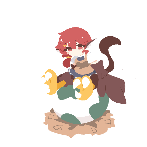 1girl animal_ears big_o_pants bird_ears bird_legs bird_tail black_skirt blush_stickers breasts brown_feathers brown_vest brown_wings commentary egg feather_fingers feathers fio-chan_(big_o_pants) harpy long_hair monster_girl nest no_lineart original red_eyes red_hair shirt sitting skirt solo tail talons transparent_background vest white_shirt winged_arms wings