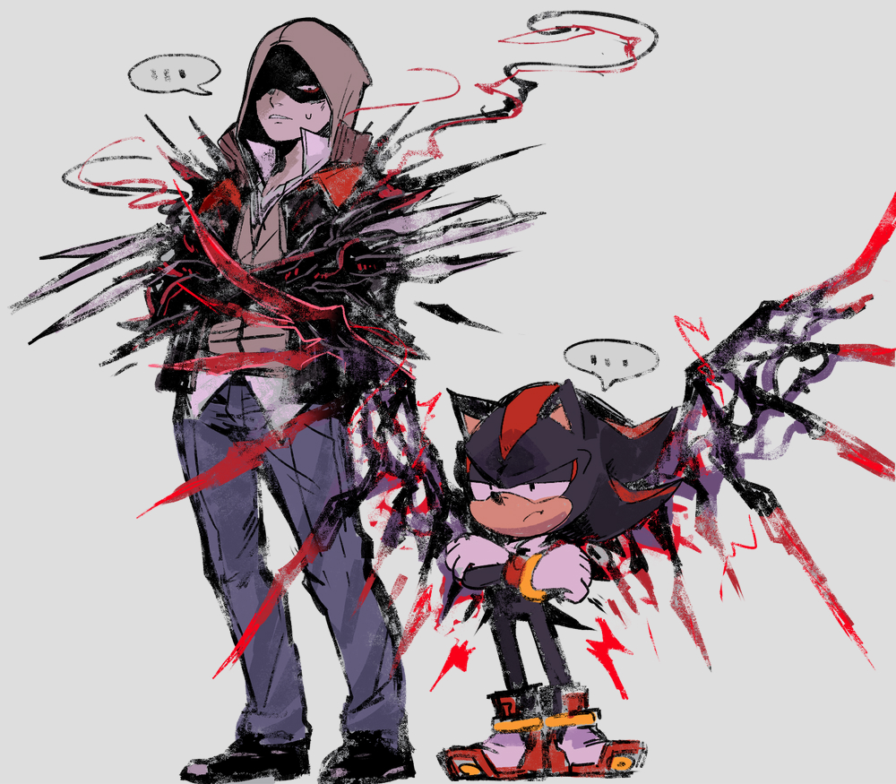 ... 2boys aimf alex_mercer claws crossover energy_wings gloves grey_background hood hood_up jacket looking_at_another multiple_boys pants prototype_(game) shaded_face shadow_the_hedgehog sonic_(series) sonic_generations sonic_x_shadow_generations standing sweat