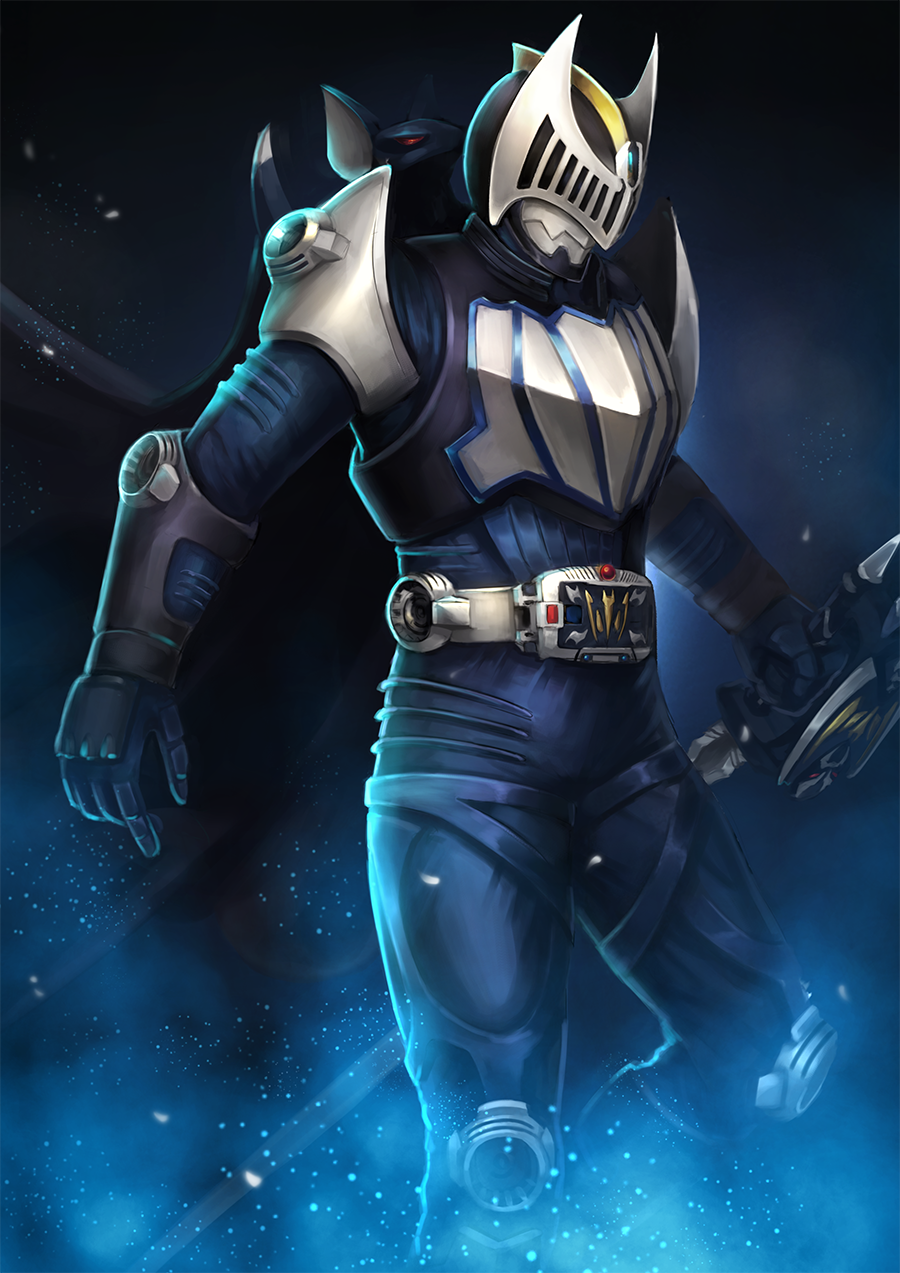 1boy aki7 armor bat_(animal) bat_wings belt black_armor black_boots black_cape boots cape commentary_request contract_monster darkwing full_body heisei highres kamen_rider kamen_rider_knight kamen_rider_ryuki_(series) knight male_focus night official_style reverse_grip solo sword v_buckle weapon wings