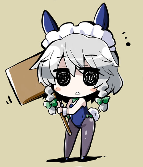 1girl akaneya animal_ears black_eyes blush_stickers deformed female_focus izayoi_sakuya pantyhose playboy_bunny rabbit_ears silver_hair solo touhou triangle_mouth