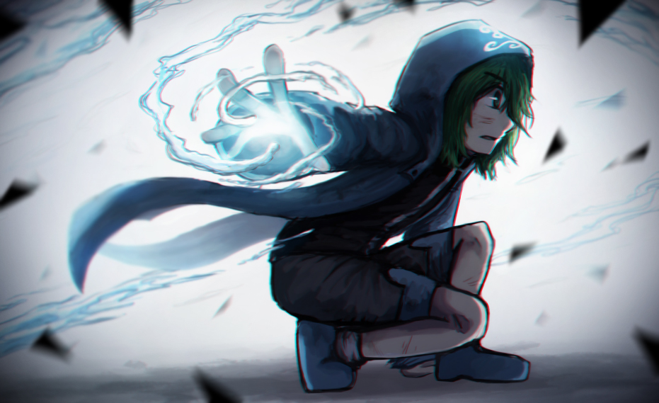 1other androgynous battle black_shirt blue_hood blue_jacket blue_shoes blue_shorts blush clothes_lift collared_shirt commentary dark_foreground english_commentary from_side frown full_body glass_shards green_eyes green_hair high_collar hood hood_up hooded_jacket hydrokinesis injury jacket jacket_lift len&#039;en looking_ahead medium_hair mixed-language_commentary open_clothes open_jacket open_mouth outstretched_hand shirt shitodo_aoji shoes shorts socks solo squatting water white_background white_socks yamanoskk