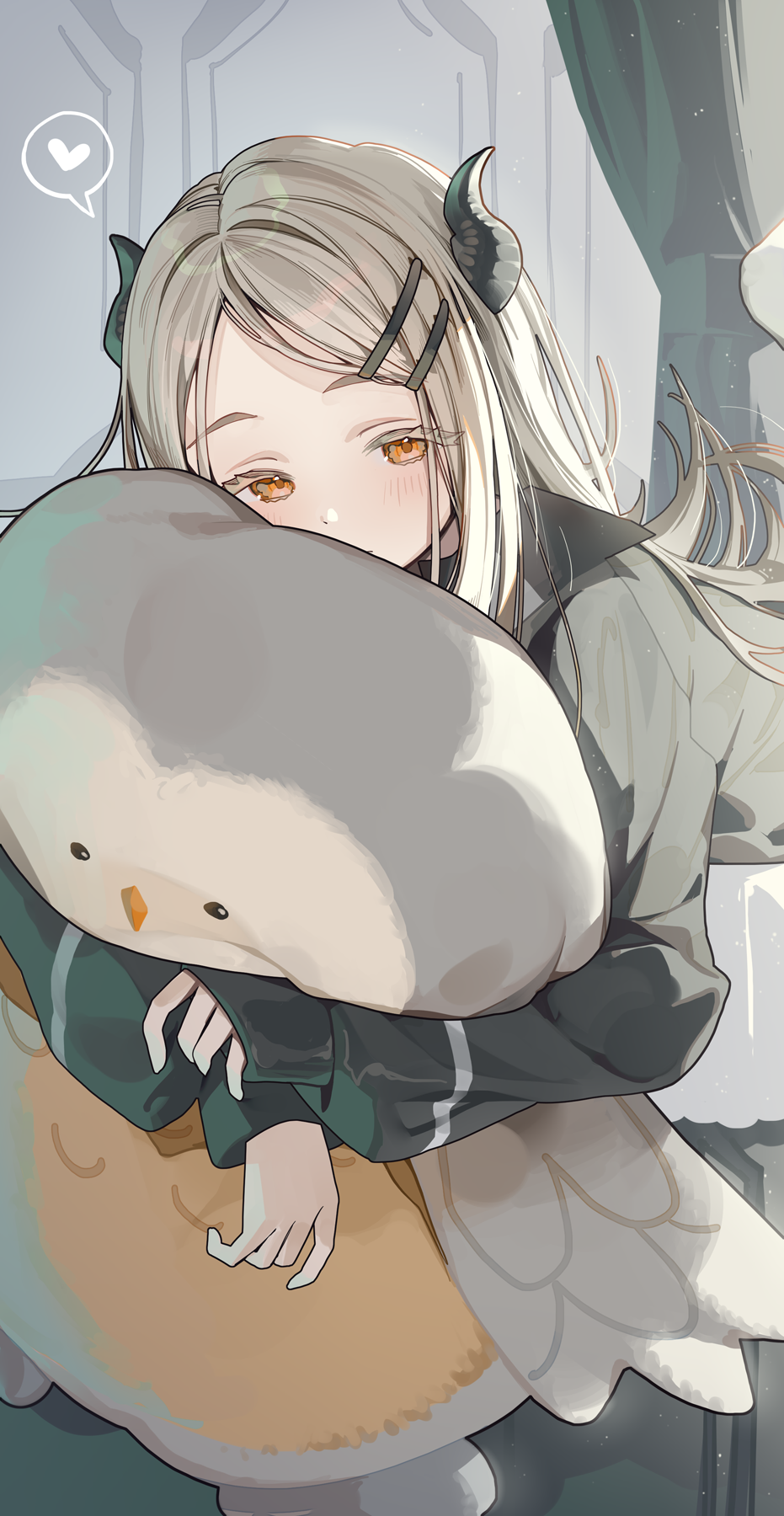 1girl black_jacket blush colored_eyelashes commentary_request demon_horns fake_horns gakuen_idolmaster hair_ornament heart highres horns hugging_doll hugging_object idolmaster jacket light_brown_hair long_hair long_sleeves looking_at_viewer lying ningen_mame on_stomach orange_eyes shinosawa_hiro sleeves_past_wrists solo spoken_heart stuffed_animal stuffed_bird stuffed_owl stuffed_toy swept_bangs
